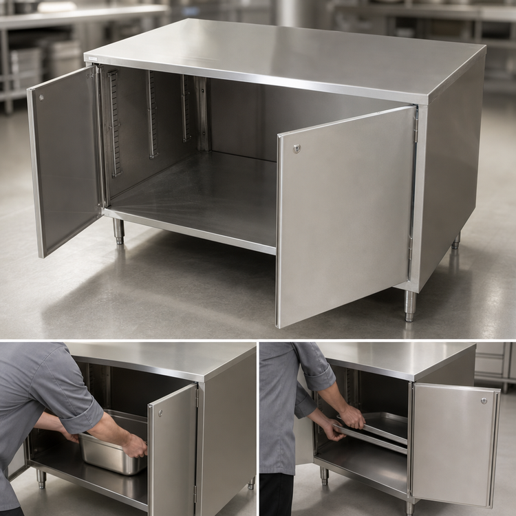 Product image #3 for BK Resources 18 x 30 Inch Dual Access Stainless Steel Chef Table Cabinet Base with Locking Hinged Doors