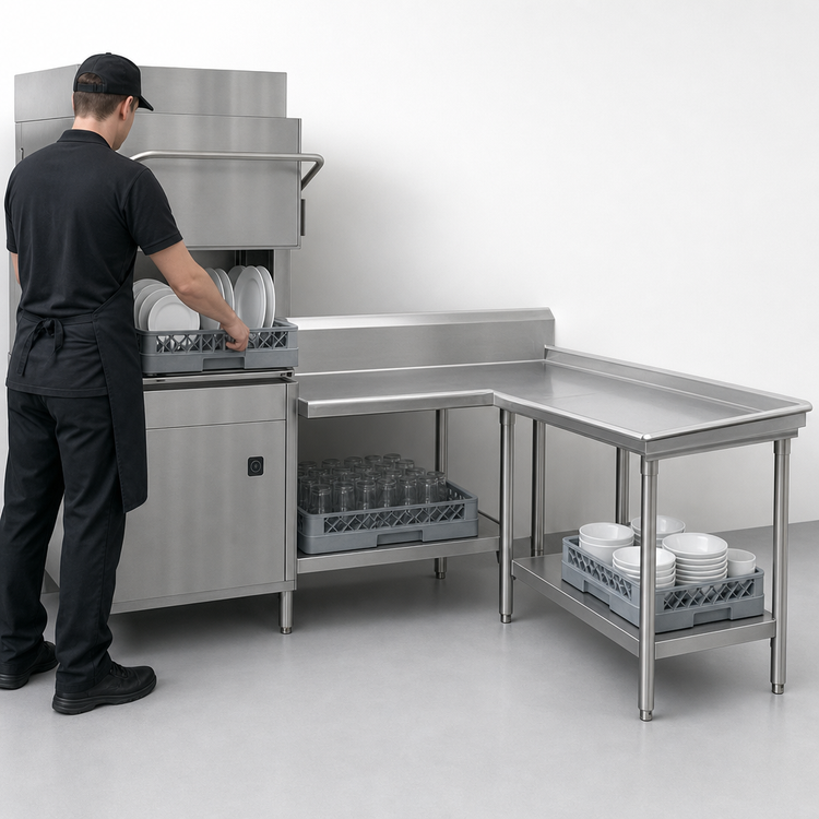 Product image #3 for Advance Tabco Island-Clean L-Shaped Right-Hand Dish Table, 47 Inch, 14-Gauge 304 Stainless Steel