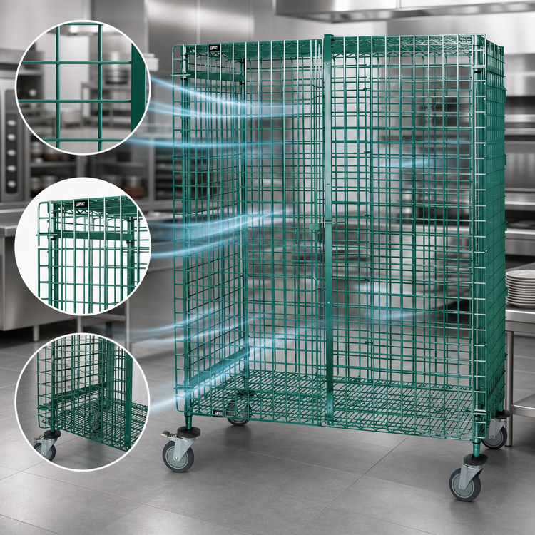 Product image #3 for Quantum Mobile Wire Security Cage with Doors and Casters, Green Epoxy, 36 x 21 x 69 Inches