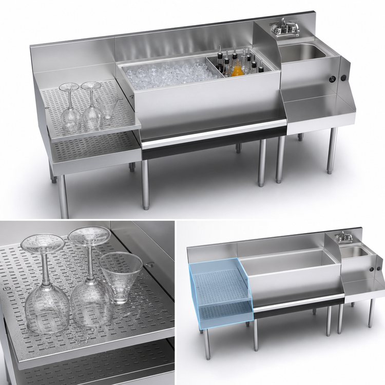 Product image #3 for Krowne Royal Series 72-Inch Underbar Ice Bin/Cocktail Station with Recessed Drainboard, 36-Inch Ice Bin, 18-Inch Blender Station with Dump Sink, 10-Circuit Cold Plate, and 110-Lb Ice Capacity