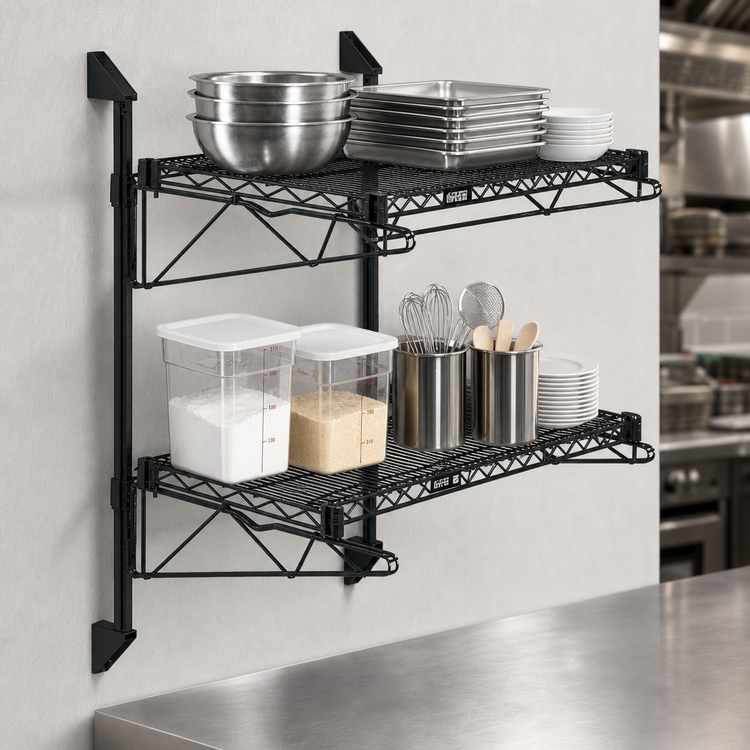 Product image #3 for Quantum Cantilever Double-Shelf Post Wall-Mount Wire Shelving Unit, 36 x 18 Inch, Black Epoxy