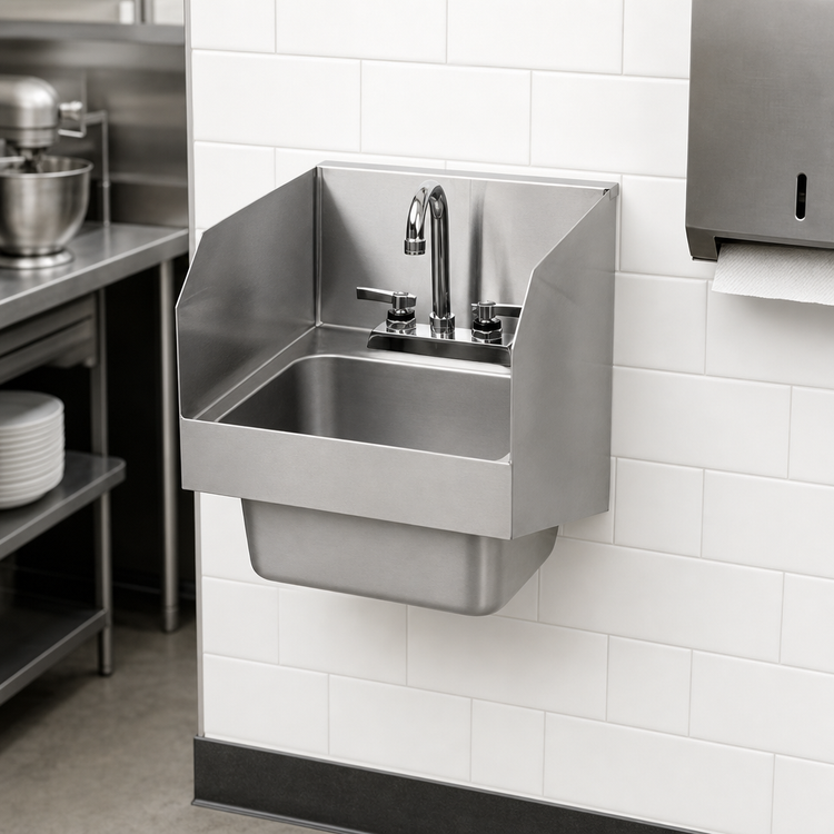 Product image #3 for Glastender Wall-Mounted Stainless Steel Hand Sink with Deck-Mount Faucet and Side Splashes, 14 x 15 Inches O.A.