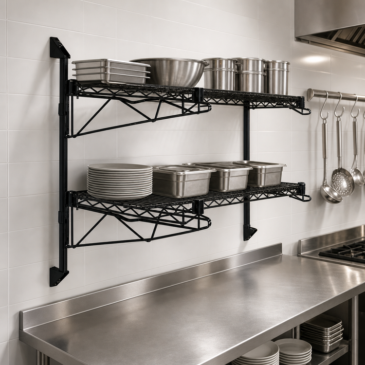 Product image #3 for Wall-Mount Cantilever Double Shelf Wire Shelving Unit, 60 x 21 Inches, Black Epoxy Antimicrobial Finish