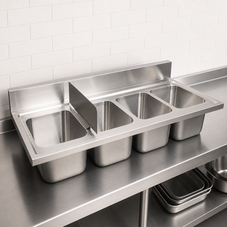 Product image #3 for BK Resources 4-Compartment Drop-In Sink with 5-Inch Riser, 48 x 24 x 15 1/4 Inches, 304 Stainless Steel