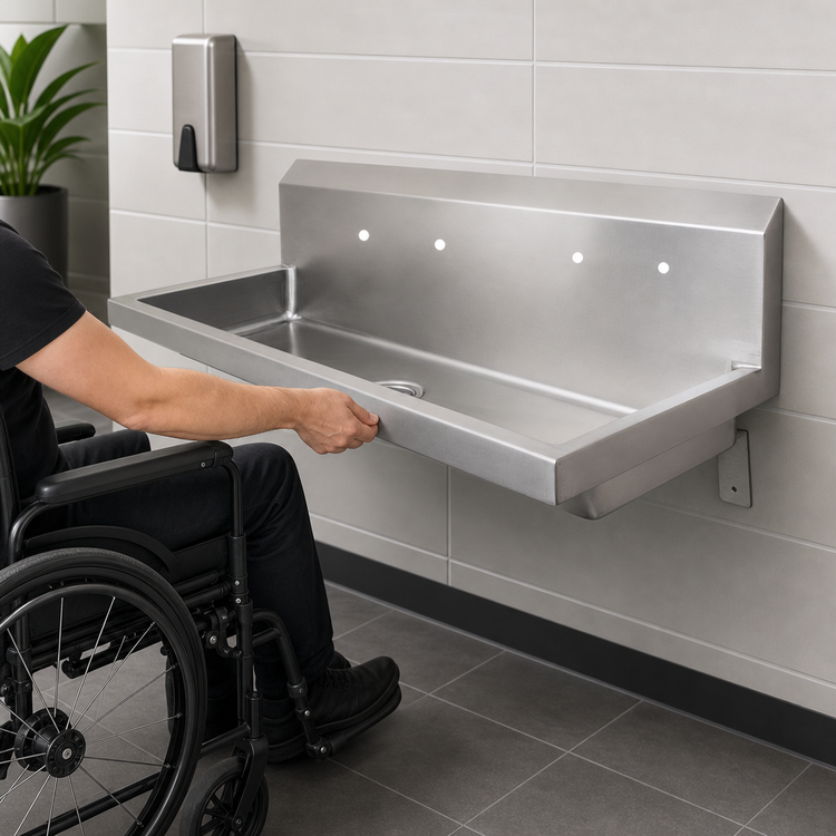 Product image #3 for BK Resources ADA Two-Station Wall-Mount Hand Wash Sink, 48 Inch Wide, 304 Stainless Steel, 5-Inch Deep Bowl