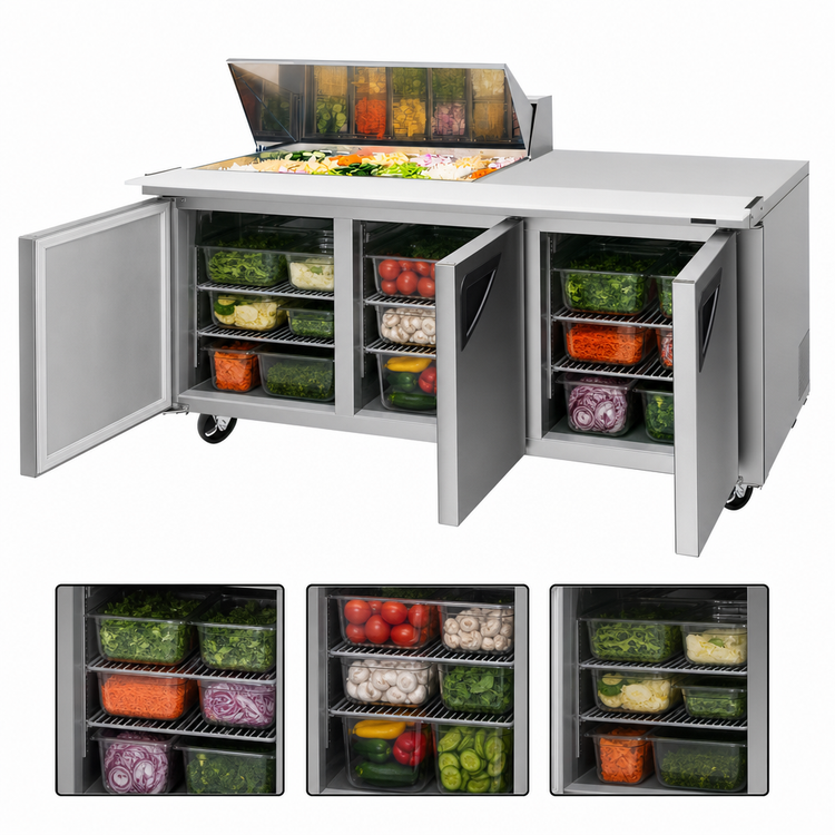 Product image #3 for Turbo Air Super Deluxe 72-Inch 3-Section Mega Top Sandwich/Salad Prep Table Refrigerator, 18-Pan