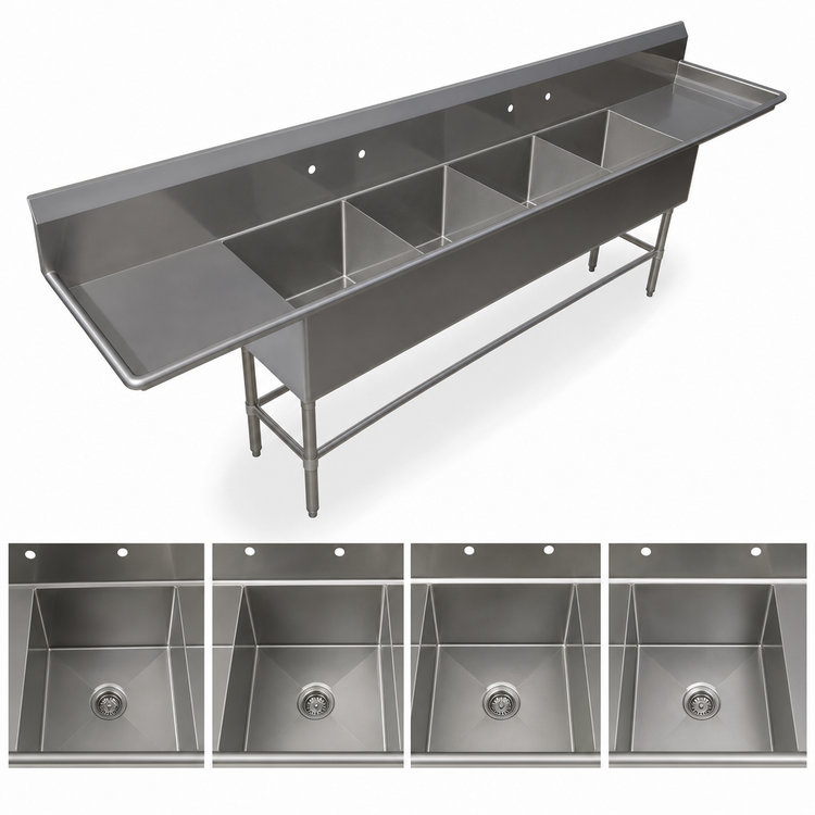 Product image #3 for John Boos Pro-Bowl 4-Compartment Sink with Left & Right Drainboards, 30" x 24" x 12" Bowls