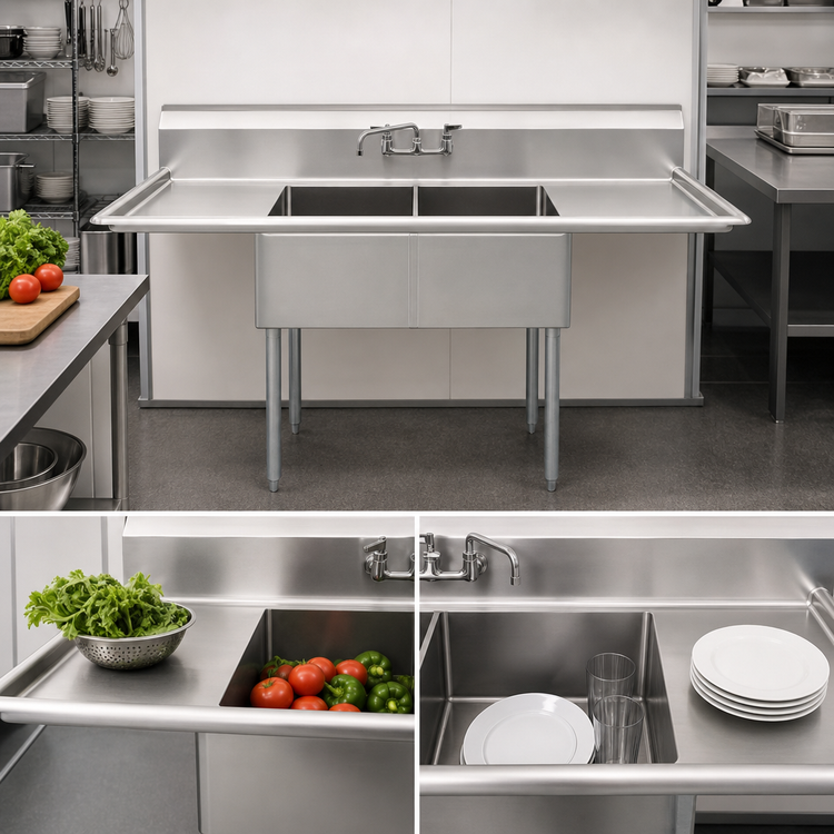 Product image #3 for BK Resources Two-Compartment Stainless Steel Sink with Left and Right Drainboards, 76-Inch Wide