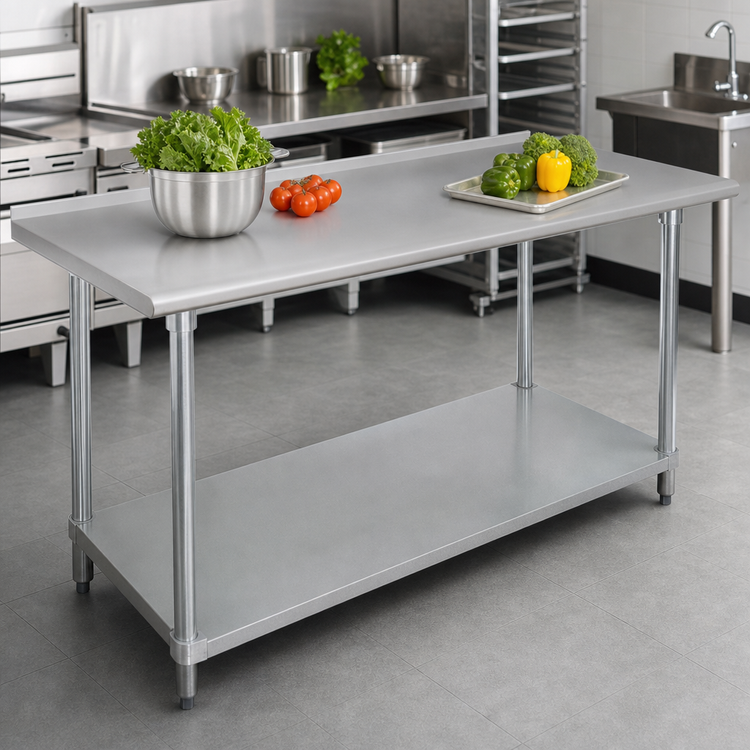 Product image #3 for Advance Tabco 120 Inch x 36 Inch 14 Gauge 304 Stainless Steel Work Table with Adjustable Undershelf and 1-1/2 Inch Rear Up-Turn