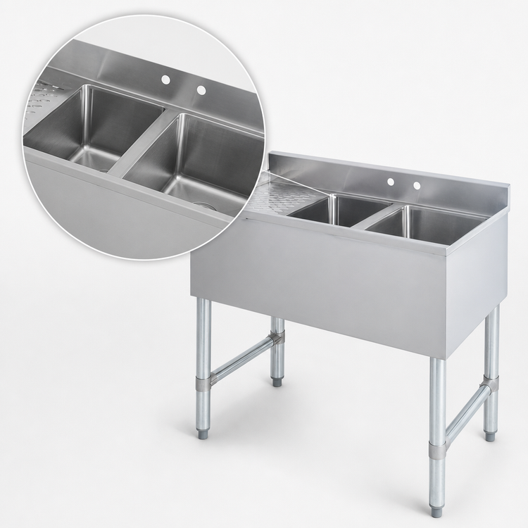 Product image #3 for Sapphire Manufacturing 36-Inch Two-Compartment Stainless Steel Underbar Sink with Left Drainboard