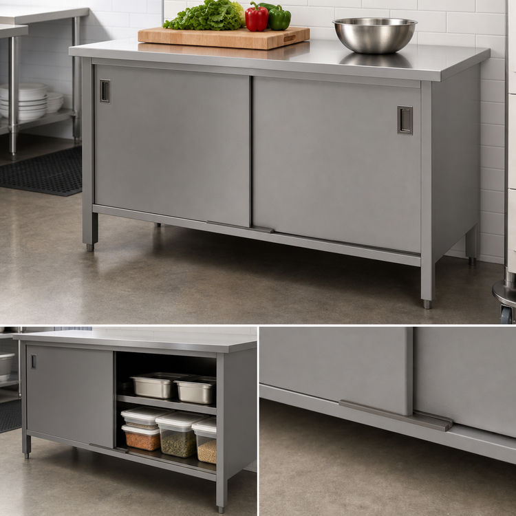 Product image #3 for John Boos 60 x 30 Inch Stainless Steel Enclosed Work Table with Sliding Door Cabinet Base