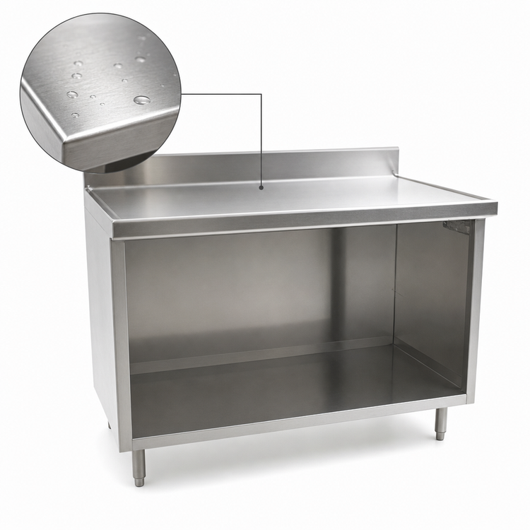Product image #3 for Spec-Master Marine Series Underbar Stainless Steel Work Table with Cabinet Base, Open Front, and 4-1/2 Inch Backsplash, 36 x 24 Inches