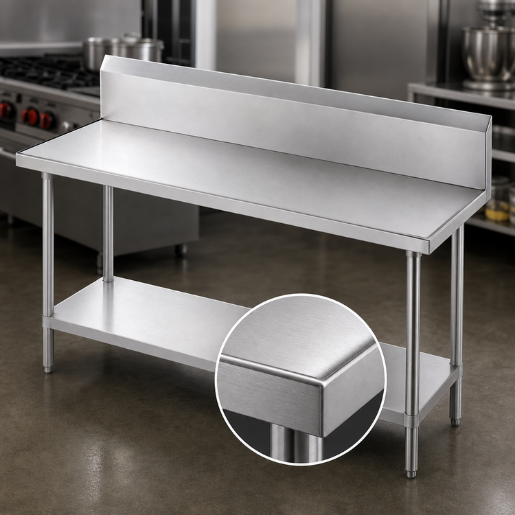 Product image #3 for Advance Tabco VKG-367 84" x 36" 14 Gauge 304 Stainless Steel Work Table with 10" Backsplash and Galvanized Undershelf