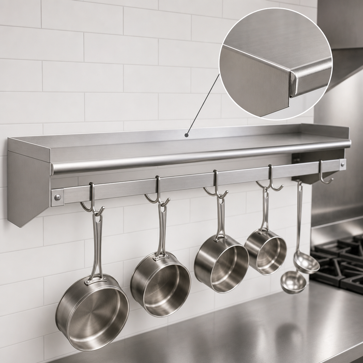 Product image #3 for Eagle Group Wall-Mount Stainless Steel Pot Rack Shelf with Removable Hooks, 72 x 18 Inches