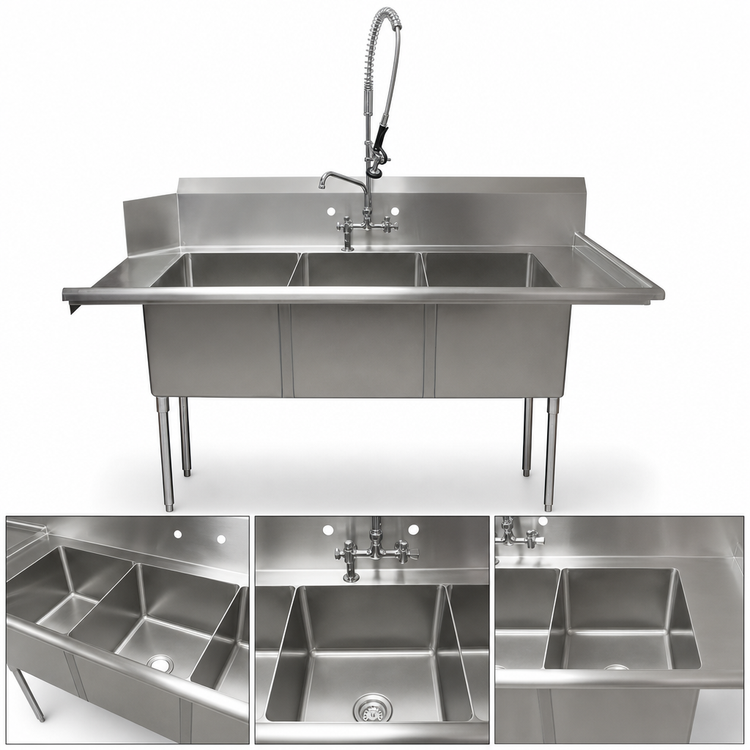 Product image #3 for 72-Inch Three-Compartment Soiled Dish Table and Sink with Pre-Rinse Assembly