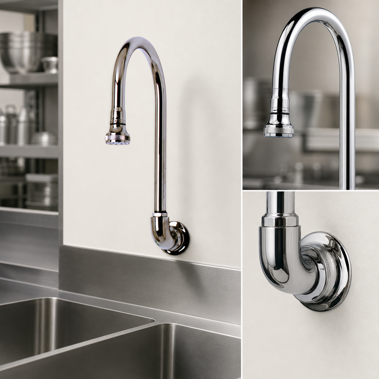 Product image #3 for T&S Brass Wall-Mount Rigid Gooseneck Spout with Rose Spray, 1/2 Inch IPS Female Inlet