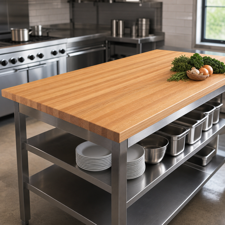 Product image #3 for John Boos Appalachian Red Oak Edge Grain Island Countertop with Full-Length Rails, 108 x 32 x 1-1/2 Inch, Penetrating Oil Finish