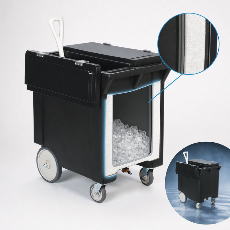 Product image #3 for Cateraide Mobile Insulated Ice Caddy, 200 lb. Capacity, Black, with Shelf, Drain Faucet, and 10-Inch Wheels