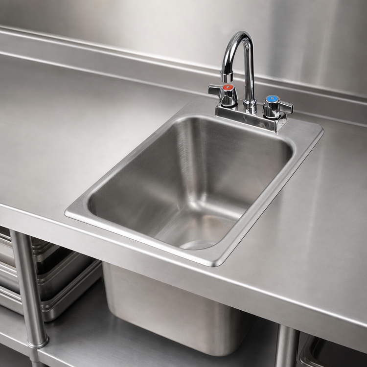 Product image #3 for BK Resources One-Compartment Drop-In Sink with Faucet and Basket Drain, 10 x 14 Bowl, 18/304 Stainless Steel