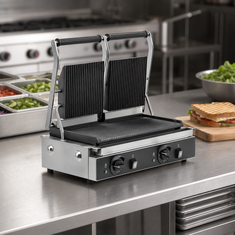 Product image #3 for Vollrath Commercial Countertop Panini Sandwich Grill with Dual Grooved Cast-Iron Plates, 208-240V