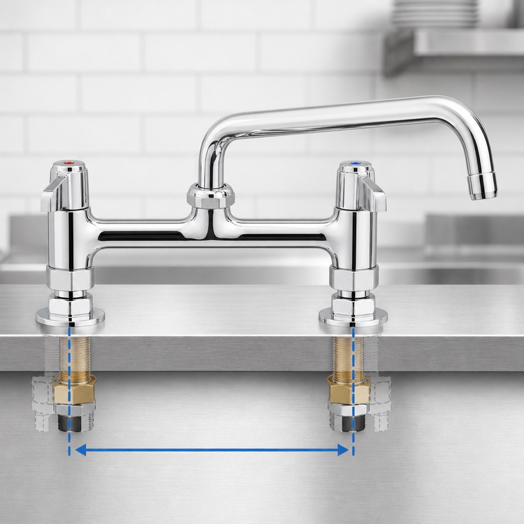Product image #3 for T&S Brass equip 8-Inch Deck Mount Mixing Faucet with 8-Inch Swing Nozzle, Quarter-Turn Ceramic Cartridges, Low-Lead, ADA Compliant