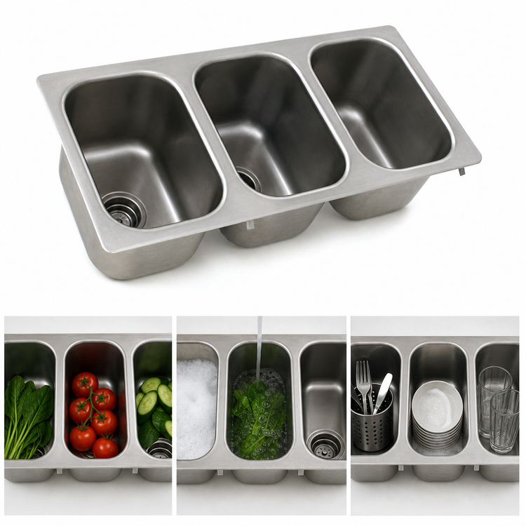 Product image #3 for Three-Compartment Self-Rimming Drop-In Sink with No Deck, 16 x 20 x 13.5-Inch Bowls