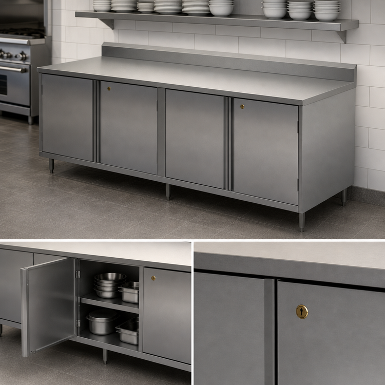 Product image #3 for BK Resources Chef Table with Cabinet Base, Hinged Doors and Locks, 120 x 30 Inch, 304 Stainless Steel, 5 Inch Back Riser