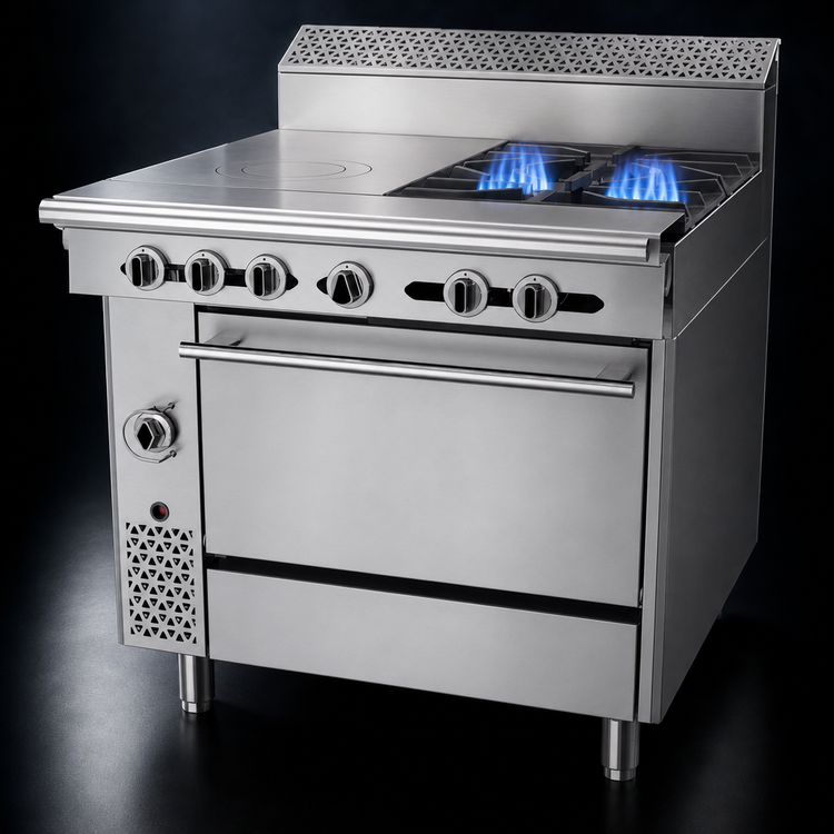 Product image #3 for Garland Cuisine Series 36-Inch Heavy Duty Combination Top Gas Range with Standard Oven, 2 Open Burners and Front-Fired Hot Top