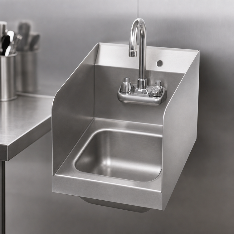 Product image #3 for Serv-Ware Wall-Mounted Stainless Steel Hand Sink with Double Splash Guards and Faucet, 12 x 16 x 12.5 Inches