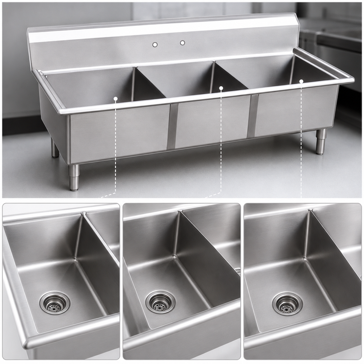 Product image #3 for Omcan 22114 Three-Compartment Pot Sink — 59 Inches W, (3) 18 Inches x 18 Inches x 11 Inches Bowls, 304 Stainless Steel