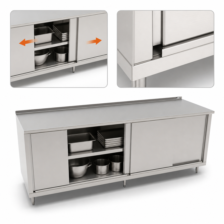 Product image #3 for John Boos Enclosed Work Table with Sliding Doors, 108 x 36 Inch, 16/300 Stainless Steel Top, 1-1/2 Inch Rear Up-Turn