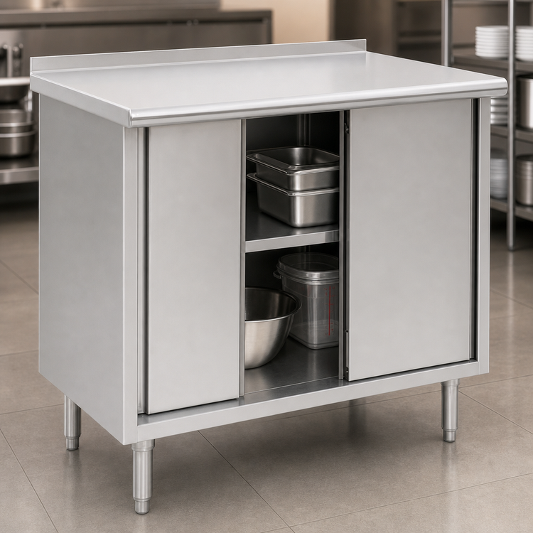 Product image #3 for Spec-Master Cabinet Base Enclosed Work Table with Sliding Doors, 36 x 24 Inch, 14 Gauge 304 Stainless Steel Top