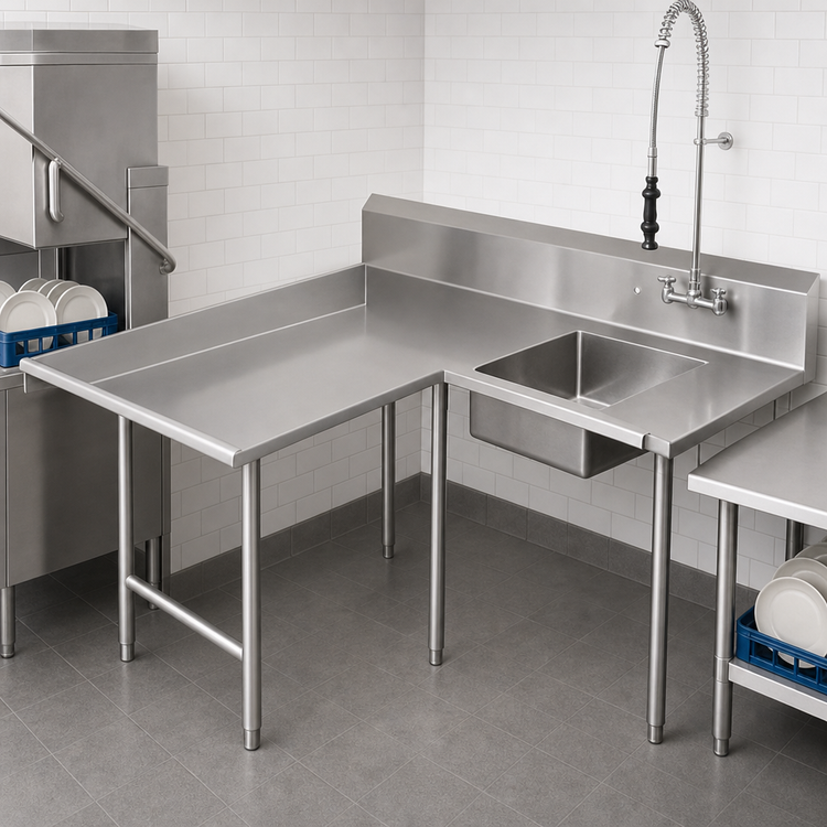 Product image #3 for John Boos Pro-Bowl L-Shaped Corner Soiled Dishtable with 10-Inch Landing Shelf and 20 x 20 x 8-Inch Pre-Rinse Bowl