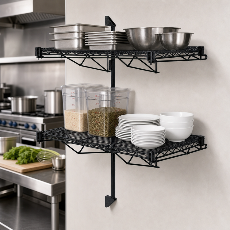 Product image #3 for Quantum Wall-Mounted Cantilever Double Shelf Wire Shelving Kit, 48 x 24 Inches, Black Epoxy Antimicrobial Finish
