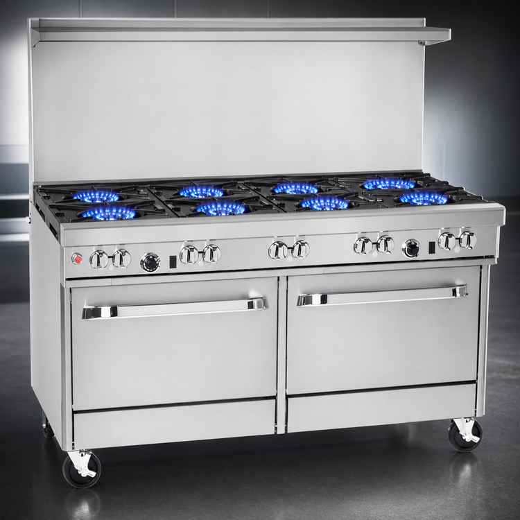 Product image #3 for Ultimate 60-Inch Gas Restaurant Range with 8 Open Burners, Convection Oven, and Cabinet Base