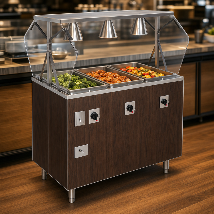 Product image #3 for Vollrath 2-Series Affordable Portable 3-Well Mobile Hot Food Station with Buffet Breath Guard and Lights, Walnut Woodgrain, 120V