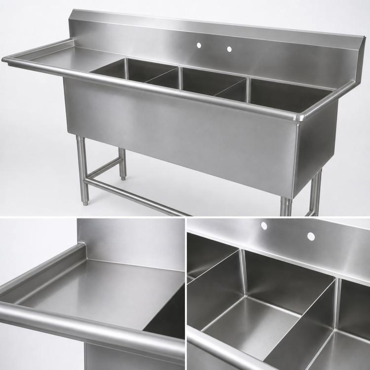 Product image #3 for John Boos Pro-Bowl 3-Compartment Sink with Left Drainboard, 14-Gauge Stainless Steel, 82-3/16"W x 25-1/2"D x 44-1/16"H