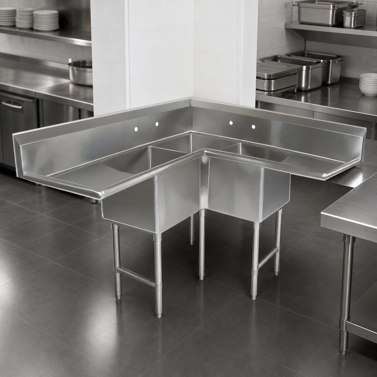 Product image #3 for John Boos B Series 3-Compartment Corner Sink with Dual 18-Inch Drainboards, 58-9/16 x 58-9/16 Inch, 16-Gauge 300 Series Stainless Steel