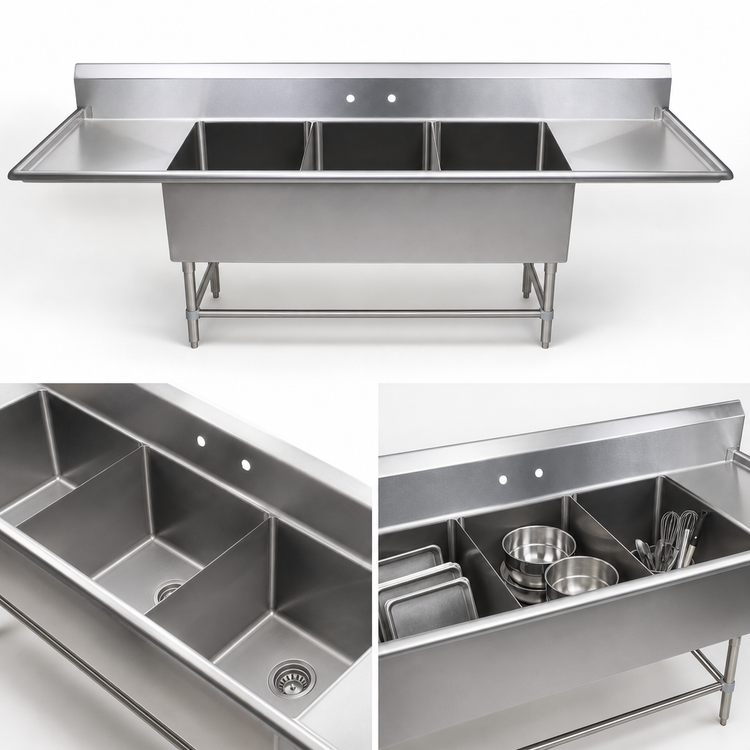 Product image #3 for John Boos Pro-Bowl 3-Compartment Sink with Left and Right Drainboards, 18" x 24" Bowls, 12" Deep