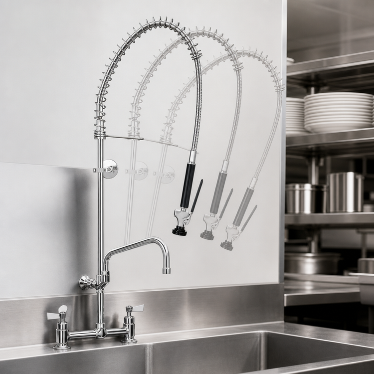 Product image #3 for 8-Inch Center Backsplash-Mount Spring Pre-Rinse Unit with Add-On Faucet and 14-Inch Swing Spout