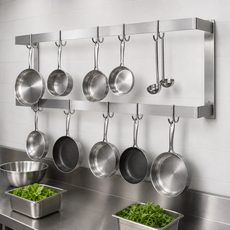 Product image #3 for John Boos PRW23 Wall-Mount Double-Bar Stainless Steel Pot Rack, 72 Inch, 12 Hooks