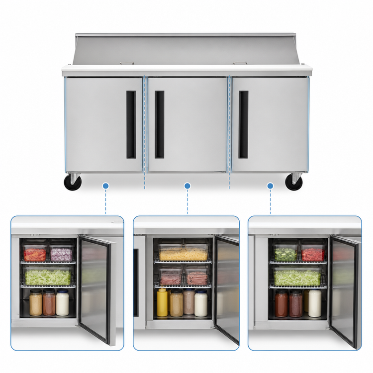 Product image #3 for Centerline by Traulsen 72-Inch Three-Section Compact Prep Table Refrigerator with Solid Doors