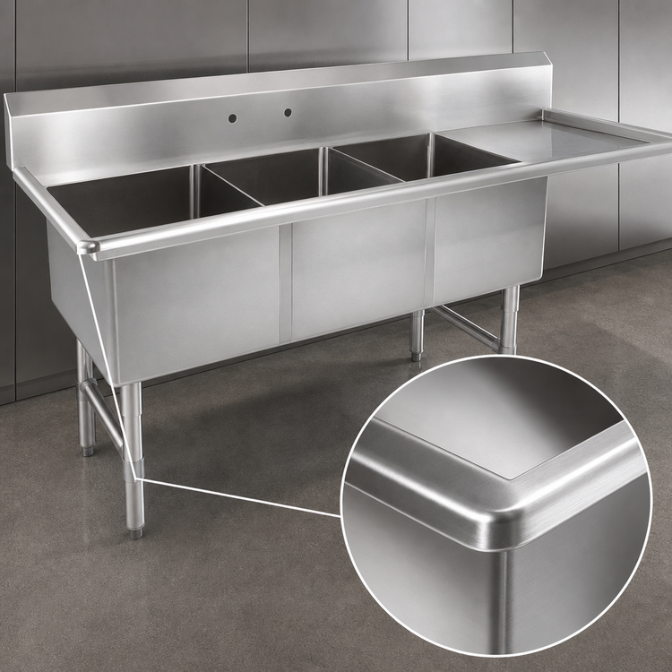 Product image #3 for John Boos B Series 3-Compartment Sink with Right Drainboard, 76-3/16" W x 29-1/2" D x 44" H, 16-Gauge Stainless Steel