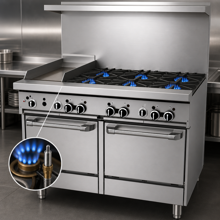 Product image #3 for Garland Starfire Pro 48-Inch Commercial Gas Restaurant Range with 6 Open Burners, 12-Inch Thermostatic Griddle, and 2 Space Saver Ovens