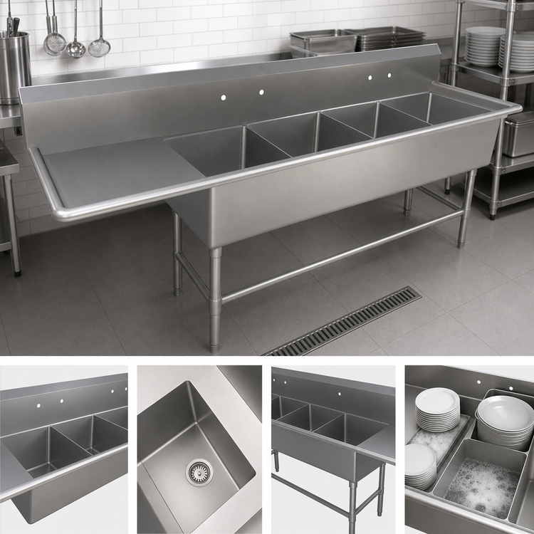 Product image #3 for John Boos Pro-Bowl 4-Compartment Sink with Left Drainboard, 124-3/16 Inch Wide, 14-Gauge Stainless Steel