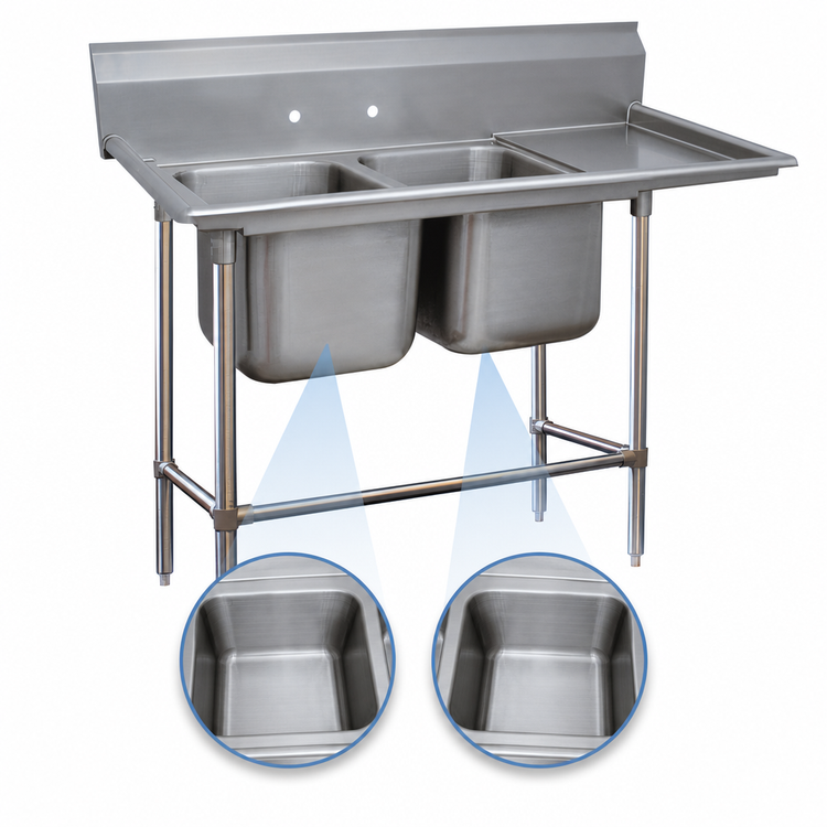 Product image #3 for Advance Tabco Regaline 2-Compartment Commercial Sink with Right-Hand Drainboard, 20" x 20" Bowls, 14-Gauge 304 Stainless Steel