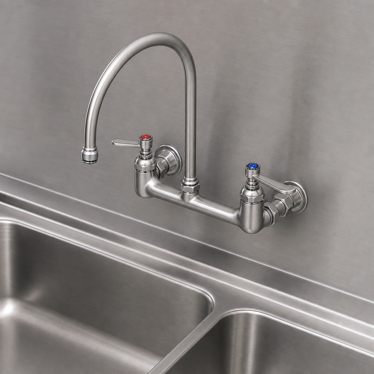 Product image #3 for T&S Brass Double Pantry Mixing Faucet, Wall Mount, 8 Inch Centers, 8 3/4-Inch Swivel Gooseneck
