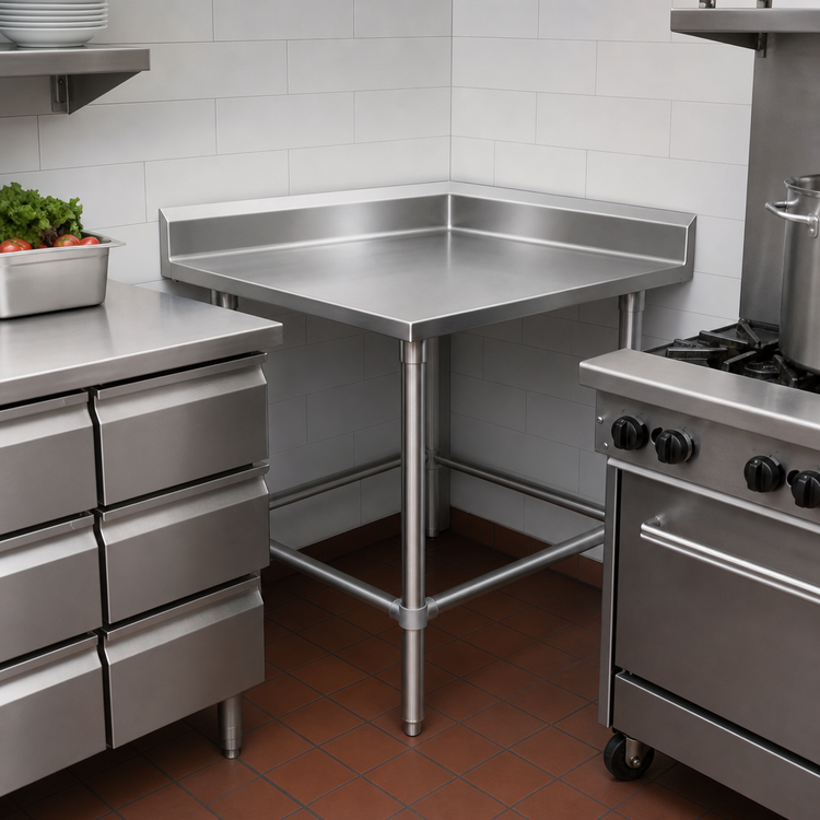 Product image #3 for John Boos Stallion 30" x 30" Corner Stainless Steel Work Table, 14-Gauge Top, 5" Backsplash
