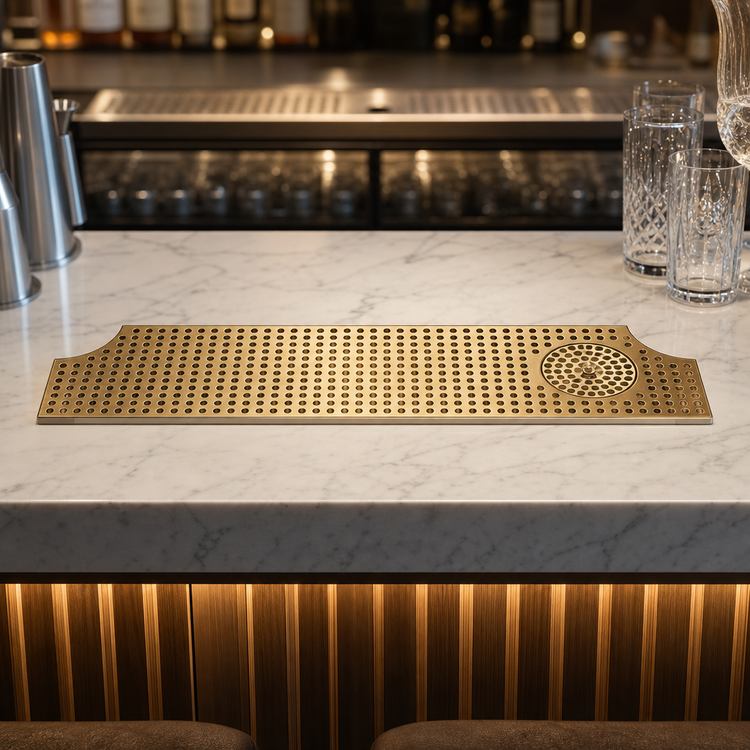 Product image #3 for 40-Inch Surface-Mount Beverage Drip Tray Trough with Integral Glass Rinser and PVD Brass Screen