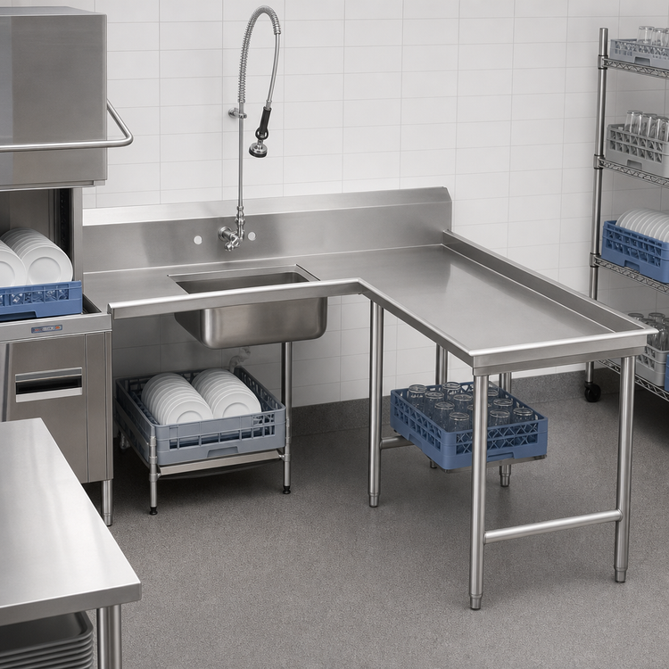 Product image #3 for Advance Tabco Spec-Line L-Shaped Right-Hand Island Soil Dishtable with Pre-Rinse Sink, 107-Inch Long, 14 Gauge 304 Stainless Steel